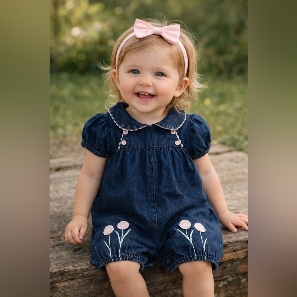 24M -BASIC ÉDITIONS - Baby Girl Denim Bubble Romper with Pink Floral Embroidery